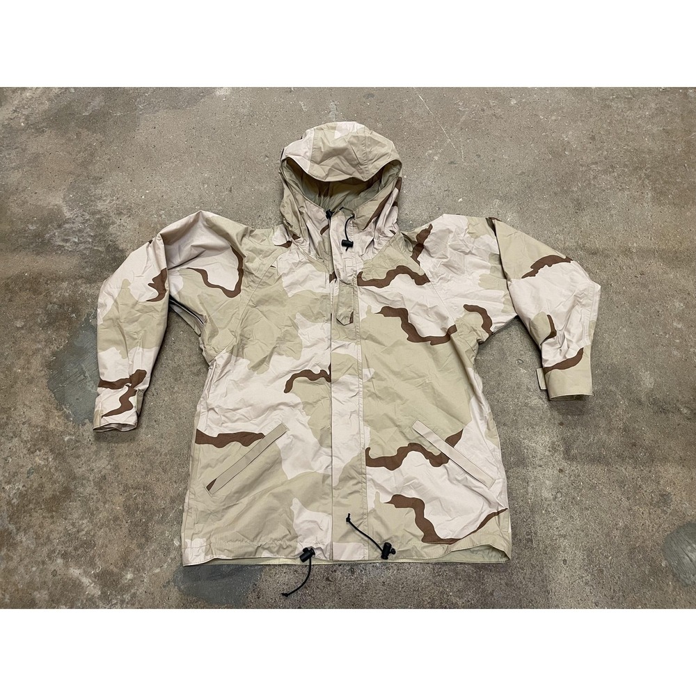 Desert Camo Rain Jacket Mens Medium Beige Hooded Nylon Lightweight Military